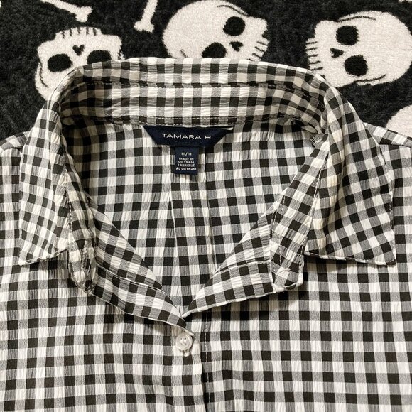 TAMARA H. Black white gingham sleeveless adjustable tie front MEDIUM LARGE shirt - Picture 10 of 14